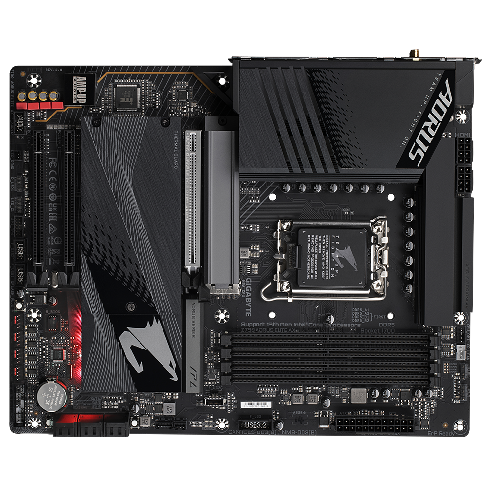 A large main feature product image of Gigabyte Z790 Aorus Elite AX LGA1700 ATX Desktop Motherboard