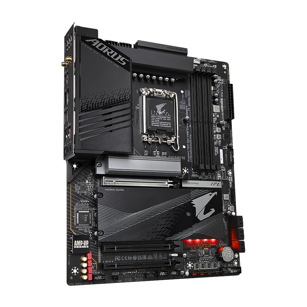 A large main feature product image of Gigabyte Z790 Aorus Elite AX LGA1700 ATX Desktop Motherboard