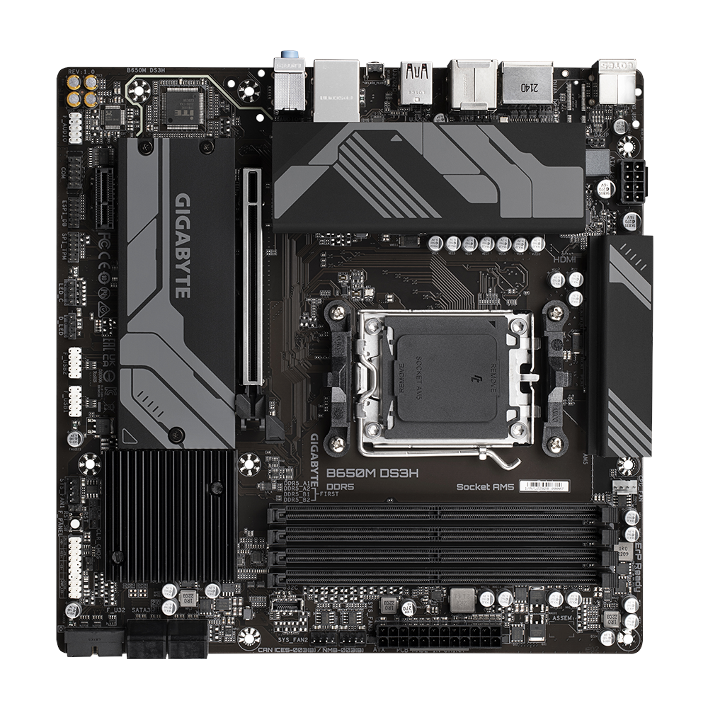 A large main feature product image of Gigabyte B650M DS3H AM5 mATX Desktop Motherboard