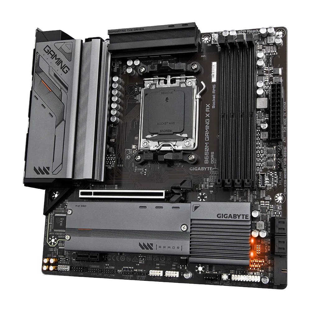 A large main feature product image of Gigabyte B650M Gaming X AX AM5 mATX Desktop Motherboard