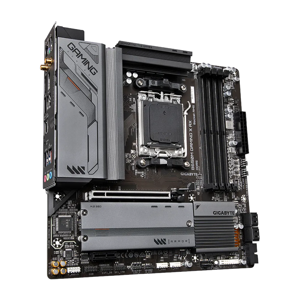 A large main feature product image of Gigabyte B650M Gaming X AX AM5 mATX Desktop Motherboard