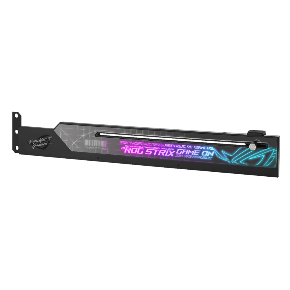 A large main feature product image of ASUS ROG Strix Graphics Card Holder