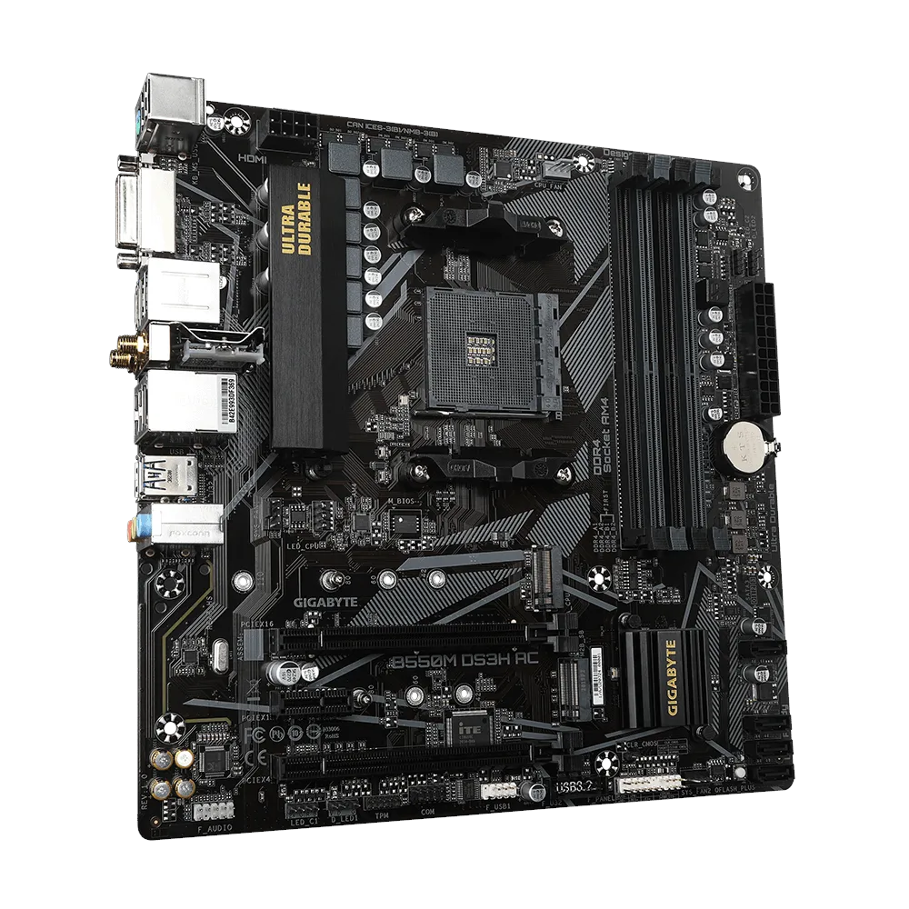 A large main feature product image of Gigabyte B550M DS3H AC AM4 mATX Desktop Motherboard