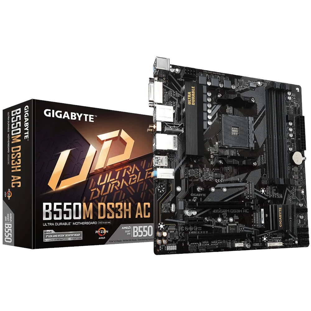 A large main feature product image of Gigabyte B550M DS3H AC AM4 mATX Desktop Motherboard
