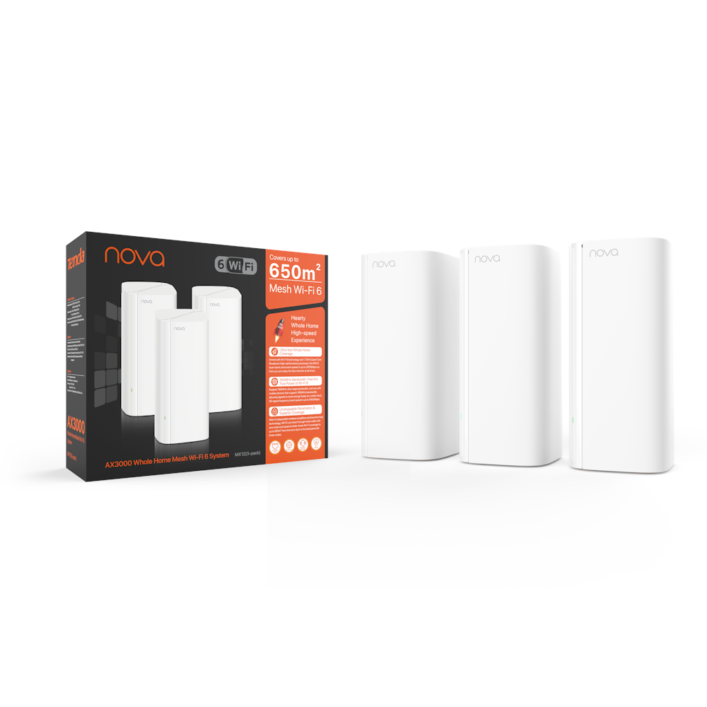 A large main feature product image of Tenda nova MX12 AX3000 Whole Home Mesh Wi-Fi 6 System - 3 Pack