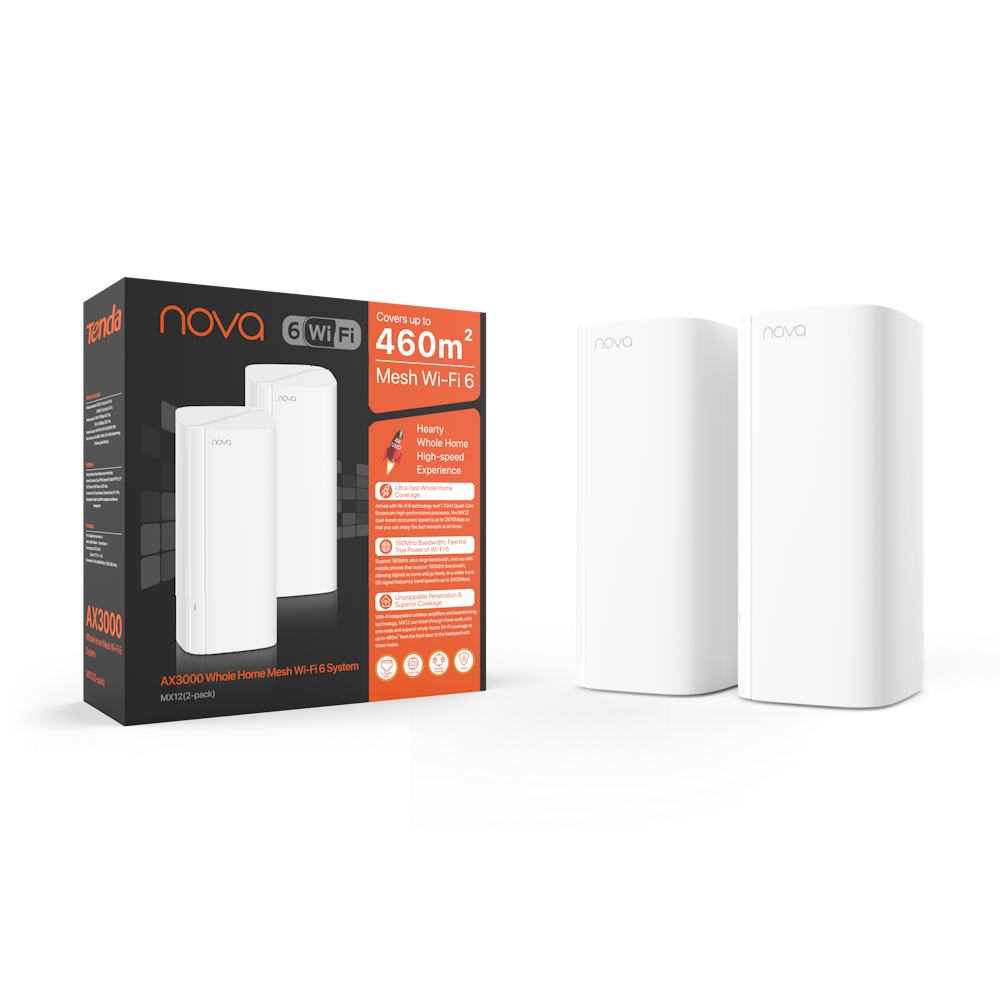 A large main feature product image of Tenda nova MX12 AX3000 Whole Home Mesh Wi-Fi 6 System - 2 Pack