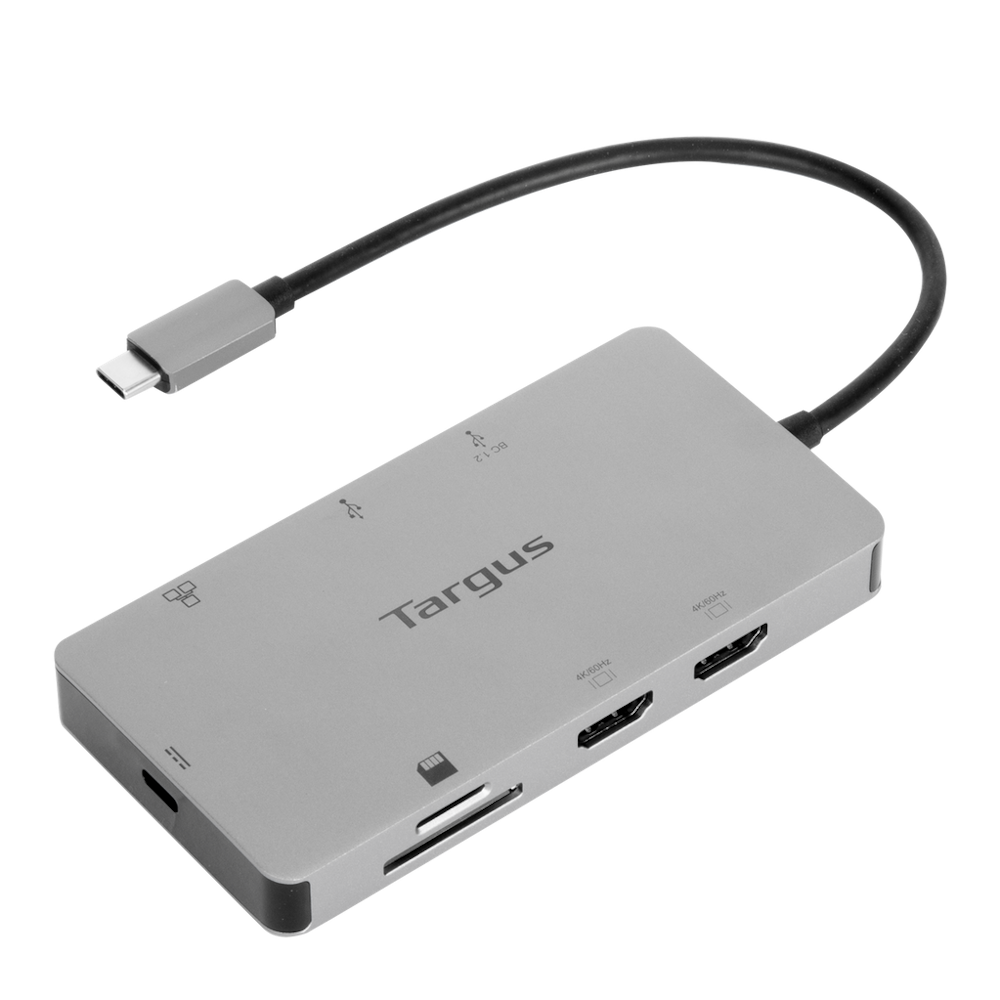 A large main feature product image of Targus USB-C Dual HDMI 4K Docking Station with 100W PD Pass-Thru 