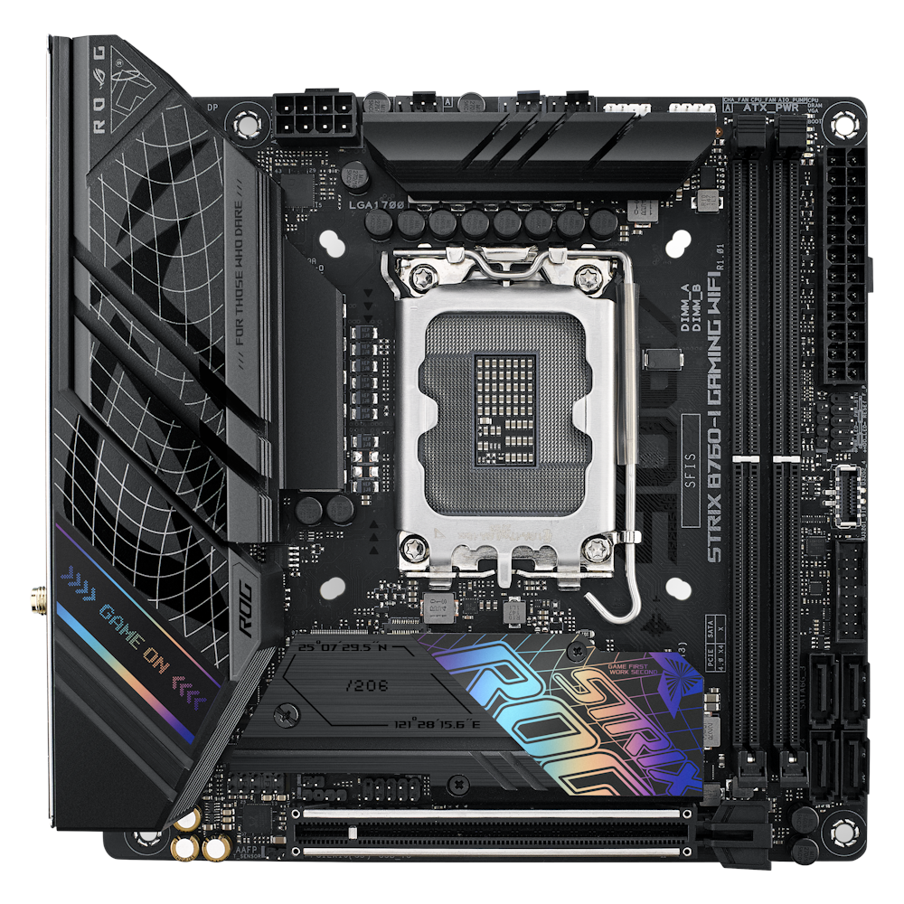 A large main feature product image of ASUS ROG Strix B760-I Gaming WiFi LGA1700 DDR5 mITX Desktop Motherboard