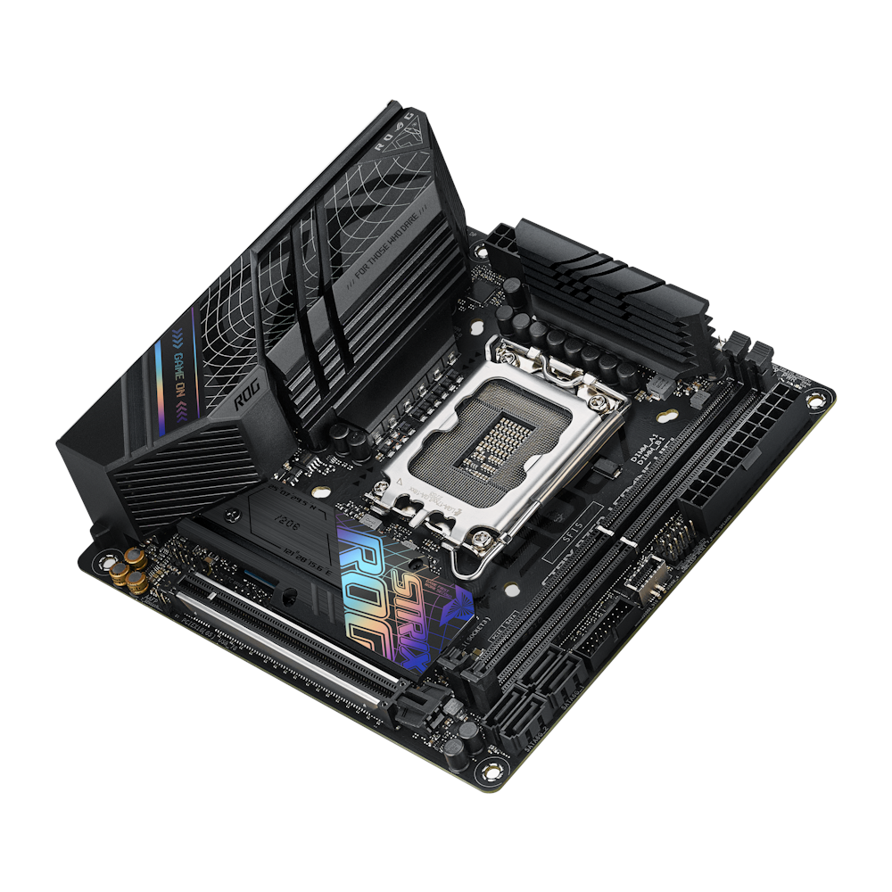A large main feature product image of ASUS ROG Strix B760-I Gaming WiFi LGA1700 DDR5 mITX Desktop Motherboard