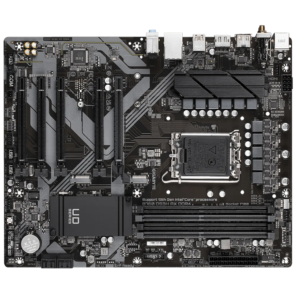A large main feature product image of Gigabyte B760 DS3H AX DDR4 LGA1700 ATX Desktop Motherboard