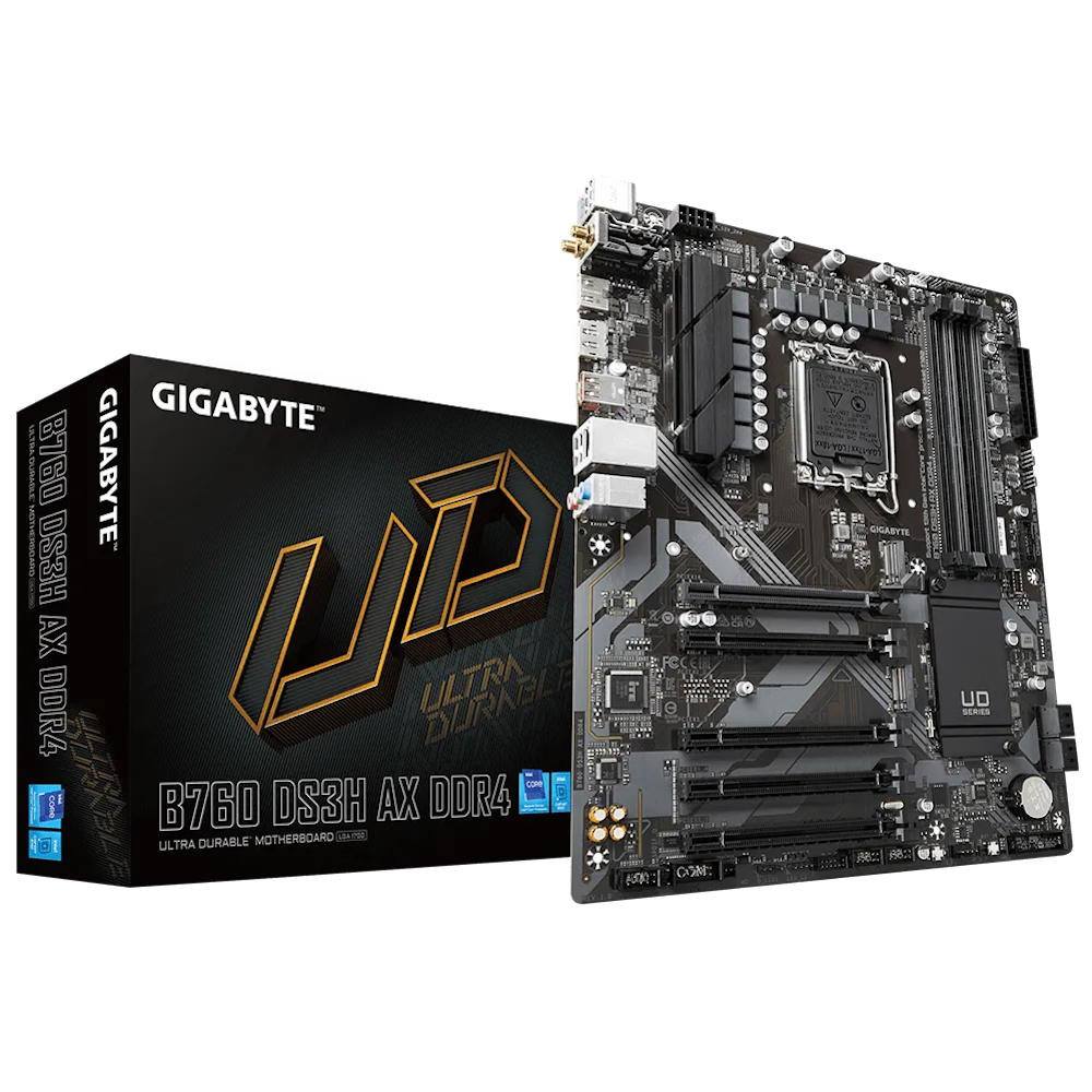 A large main feature product image of Gigabyte B760 DS3H AX DDR4 LGA1700 ATX Desktop Motherboard