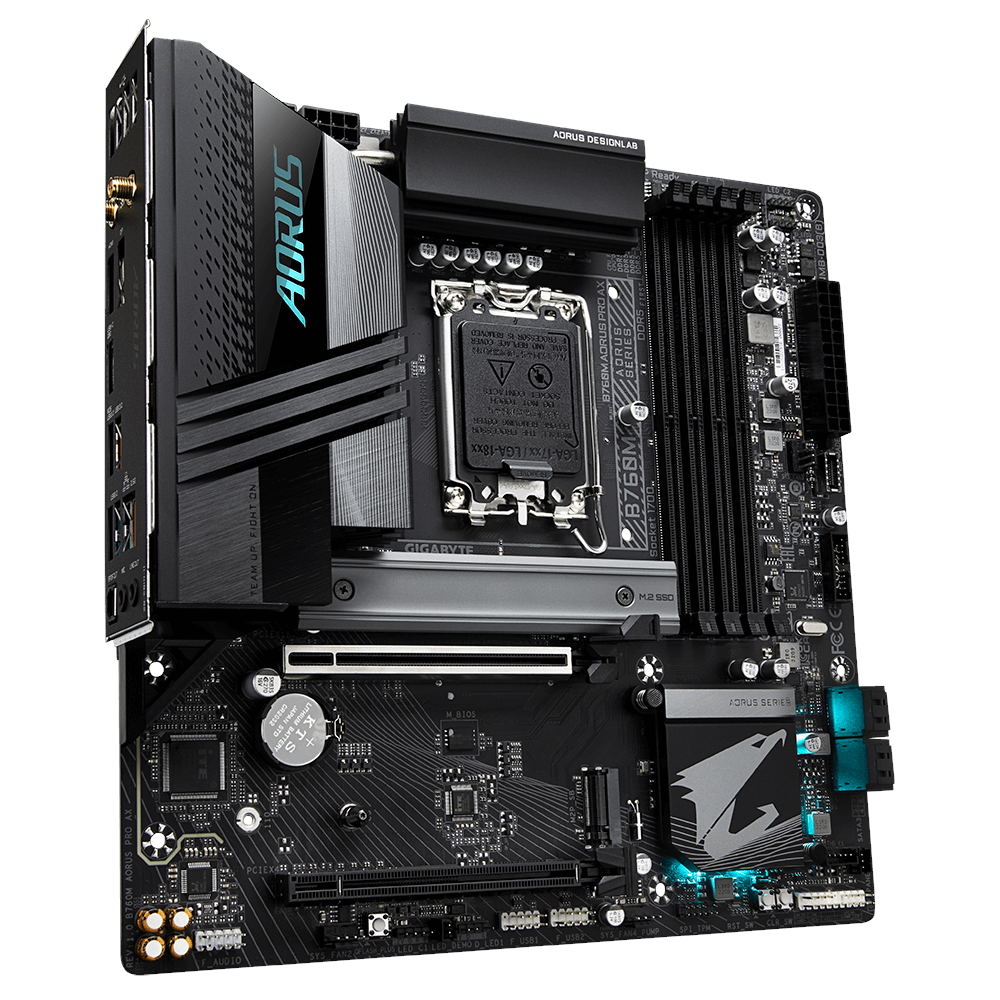 A large main feature product image of Gigabyte B760M Aorus Pro AX DDR5 LGA1700 mATX Desktop Motherboard