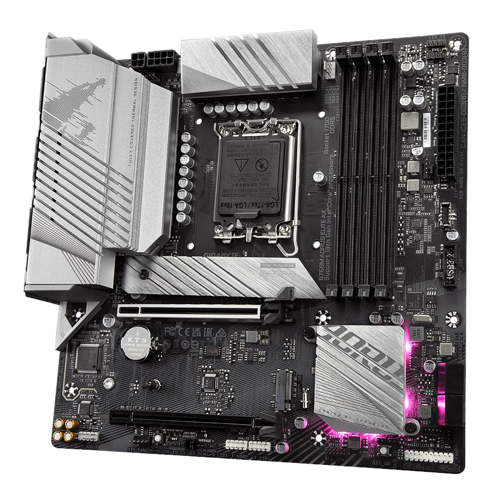 A large main feature product image of Gigabyte B760M Aorus Elite AX LGA1700 mATX Desktop Motherboard