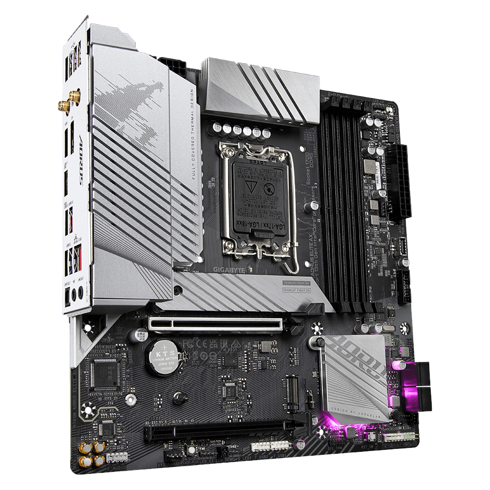 A large main feature product image of Gigabyte B760M Aorus Elite AX LGA1700 mATX Desktop Motherboard