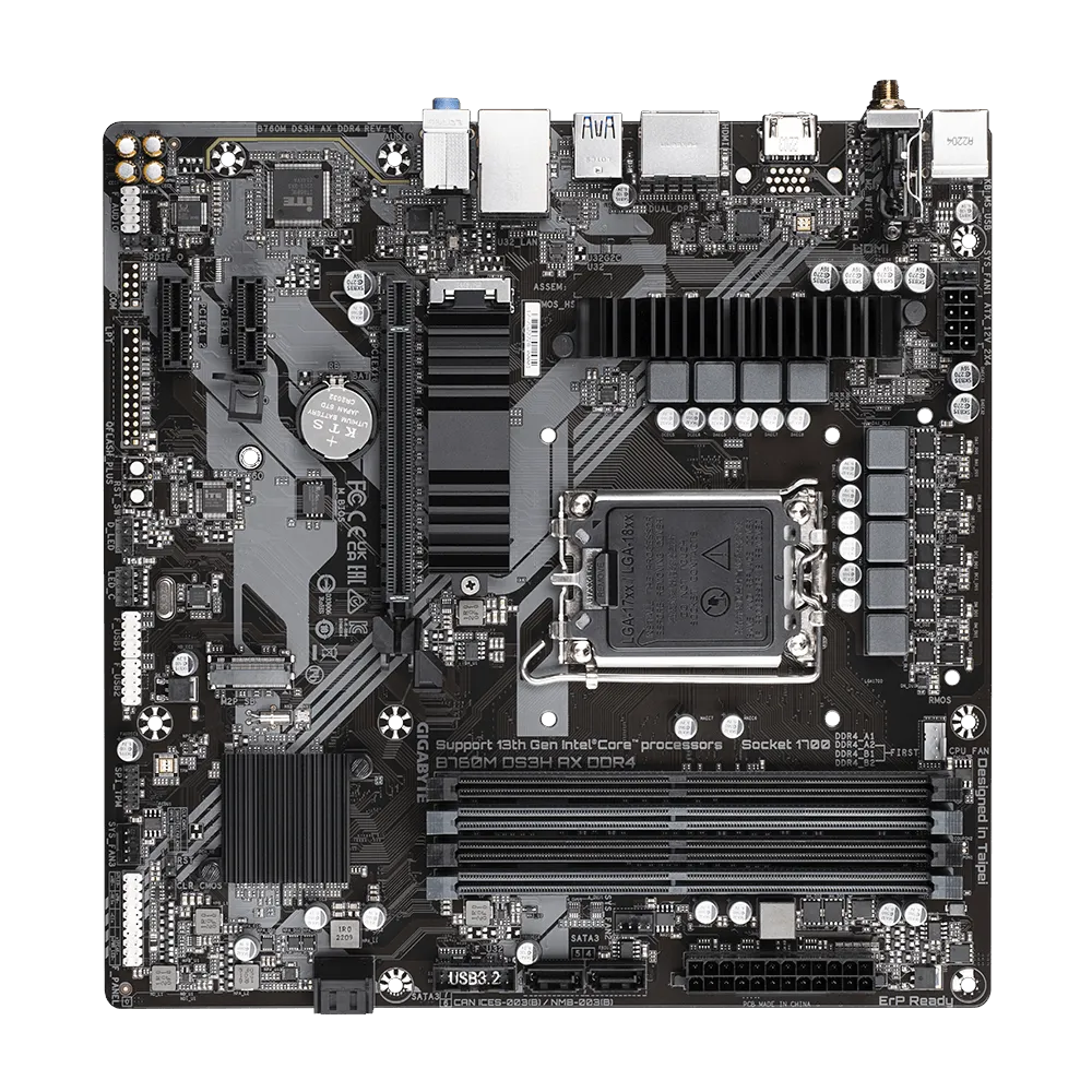 A large main feature product image of Gigabyte B760M DS3H AX DDR4 LGA1700 mATX Desktop Motherboard