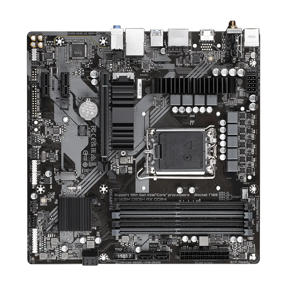 A large main feature product image of Gigabyte B760M DS3H AX DDR4 LGA1700 mATX Desktop Motherboard