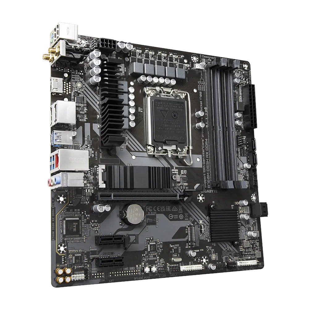 A large main feature product image of Gigabyte B760M DS3H AX DDR4 LGA1700 mATX Desktop Motherboard