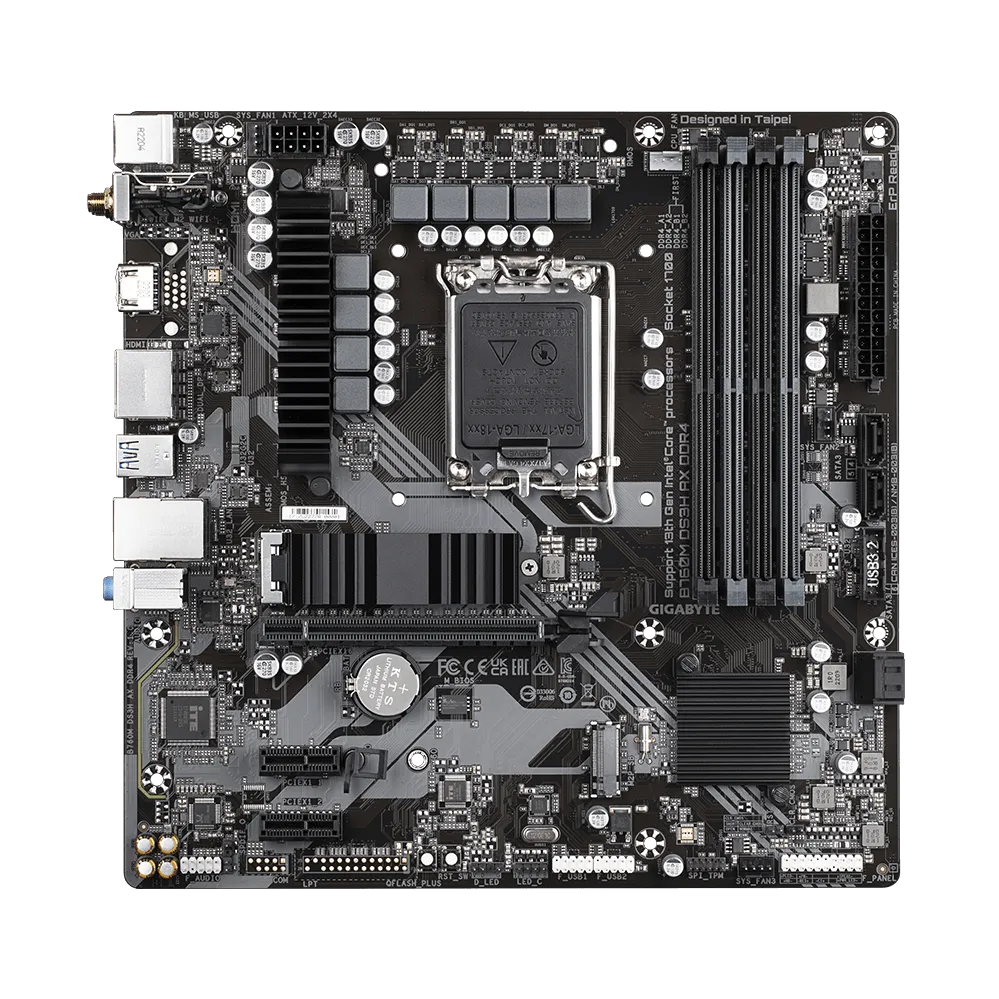 A large main feature product image of Gigabyte B760M DS3H AX DDR4 LGA1700 mATX Desktop Motherboard