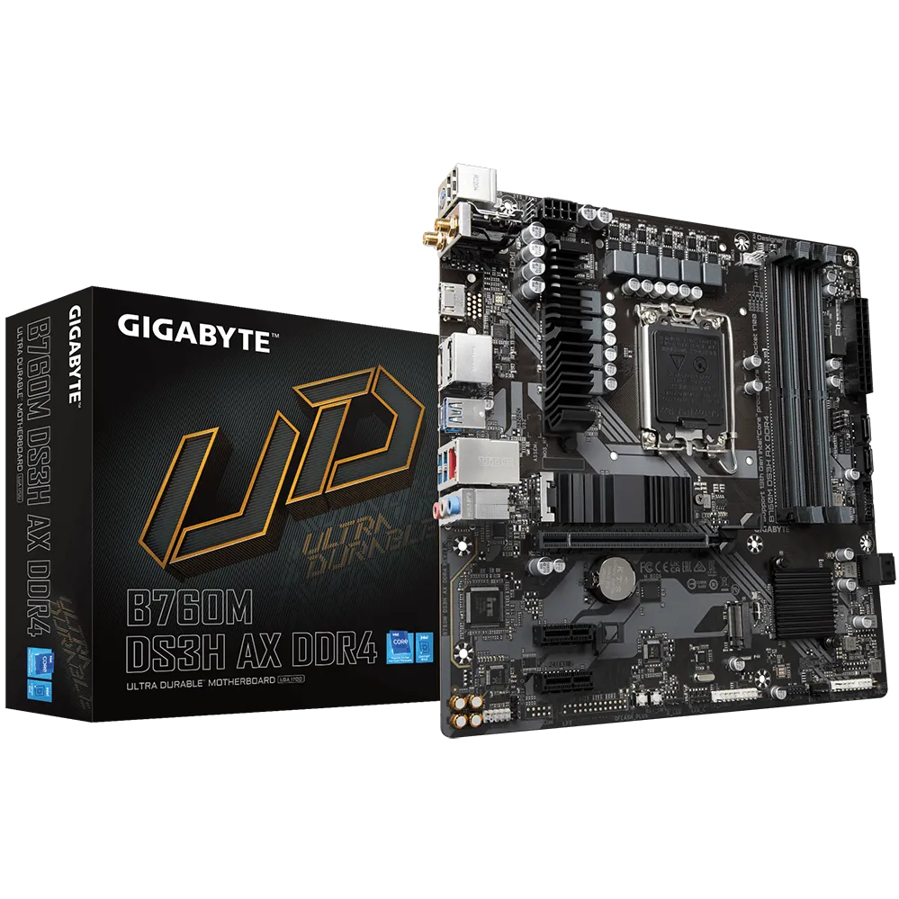 A large main feature product image of Gigabyte B760M DS3H AX DDR4 LGA1700 mATX Desktop Motherboard