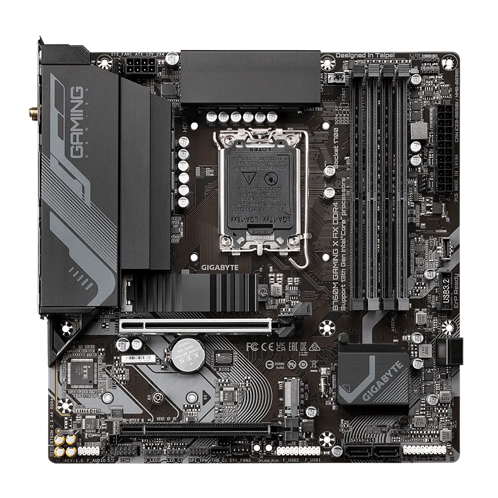 A large main feature product image of Gigabyte B760M Gaming X AX DDR4 LGA1700 mATX Desktop Motherboard