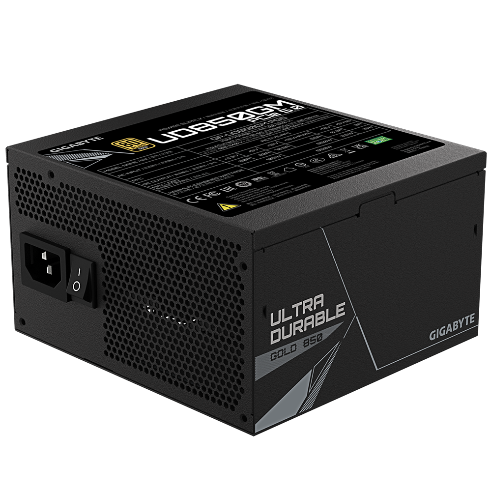 A large main feature product image of Gigabyte UD850GM - 850W Gold PCIe 5.0 ATX Modular PSU