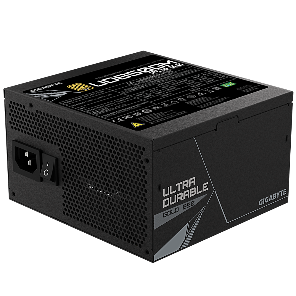 A large main feature product image of Gigabyte UD850GM PG5 850W Gold PCIe 5.0 ATX Modular PSU