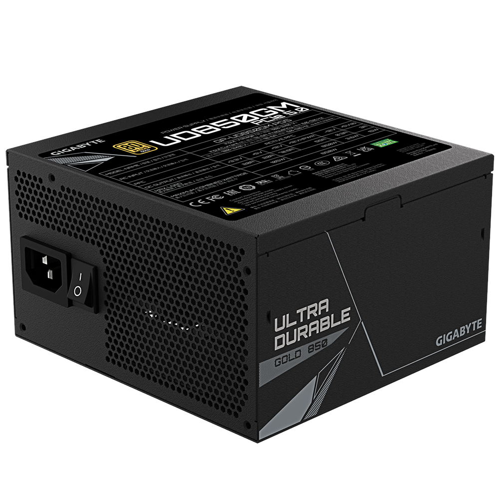 A large main feature product image of Gigabyte UD850GM PG5 850W Gold PCIe 5.0 ATX Modular PSU