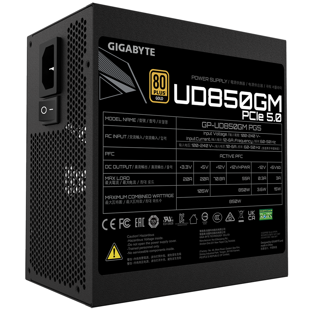 A large main feature product image of Gigabyte UD850GM - 850W Gold PCIe 5.0 ATX Modular PSU
