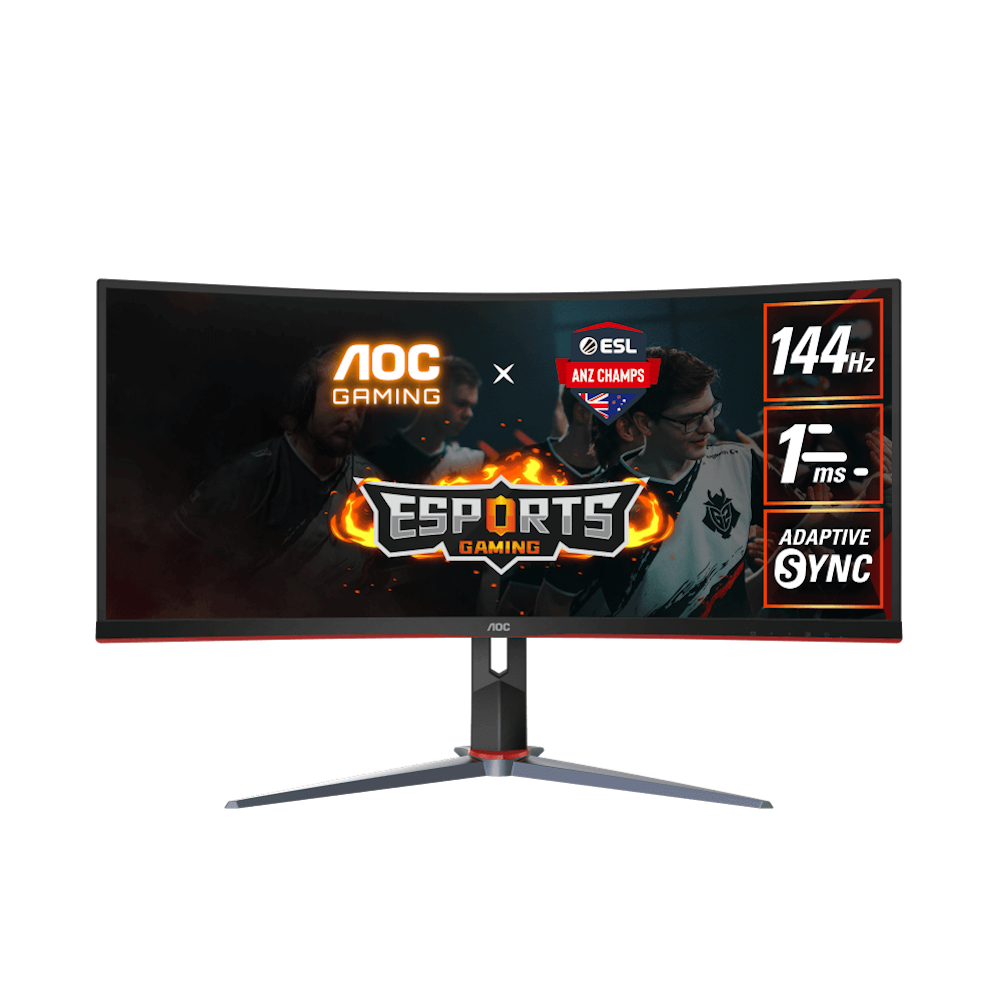 A large main feature product image of AOC Gaming CU34G2X - 34" Curved 1440p Ultrawide 144Hz VA Monitor