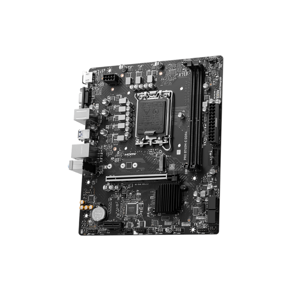 A large main feature product image of MSI PRO B760M-E DDR4 LGA1700 mATX Desktop Motherboard 