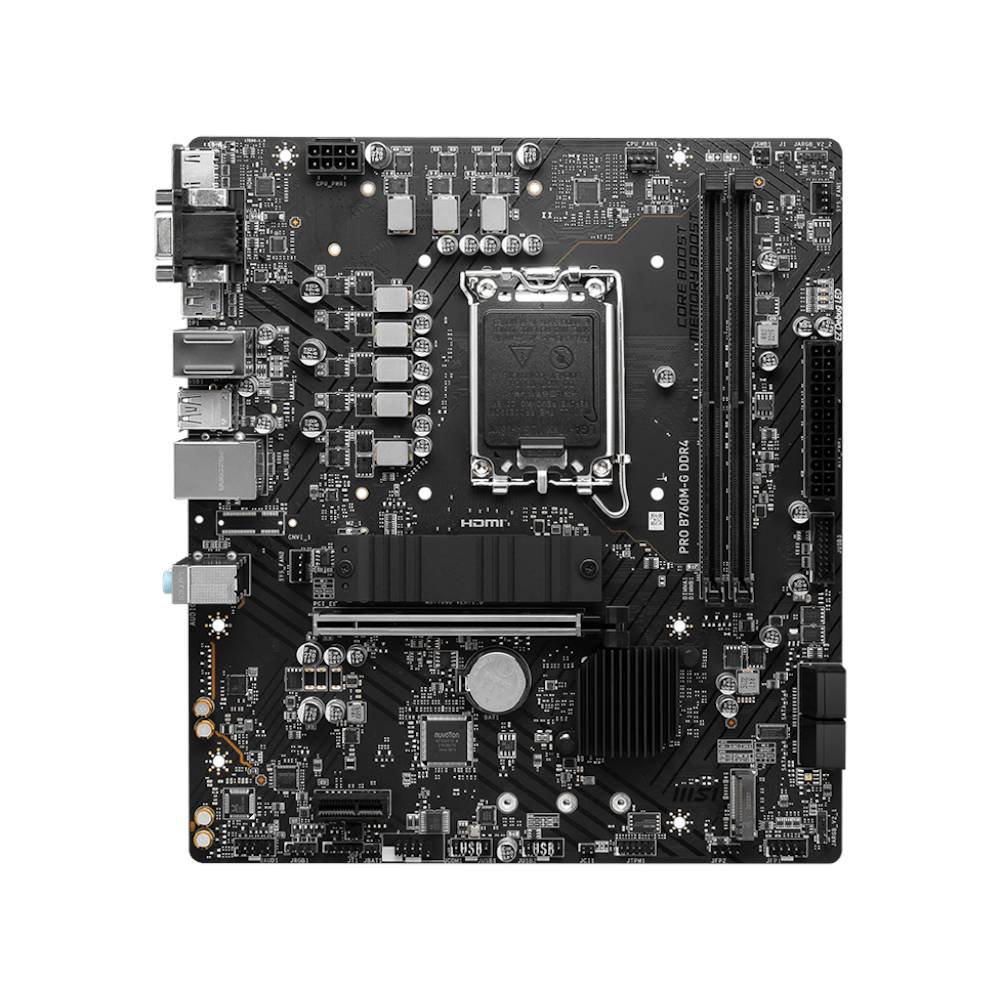 A large main feature product image of MSI PRO B760M-G DDR4 LGA1700 mATX Desktop Motherboard