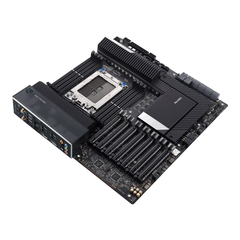 A large main feature product image of ASUS Pro WS Sage SE WiFi II WRX80 eATX Workstation Motherboard