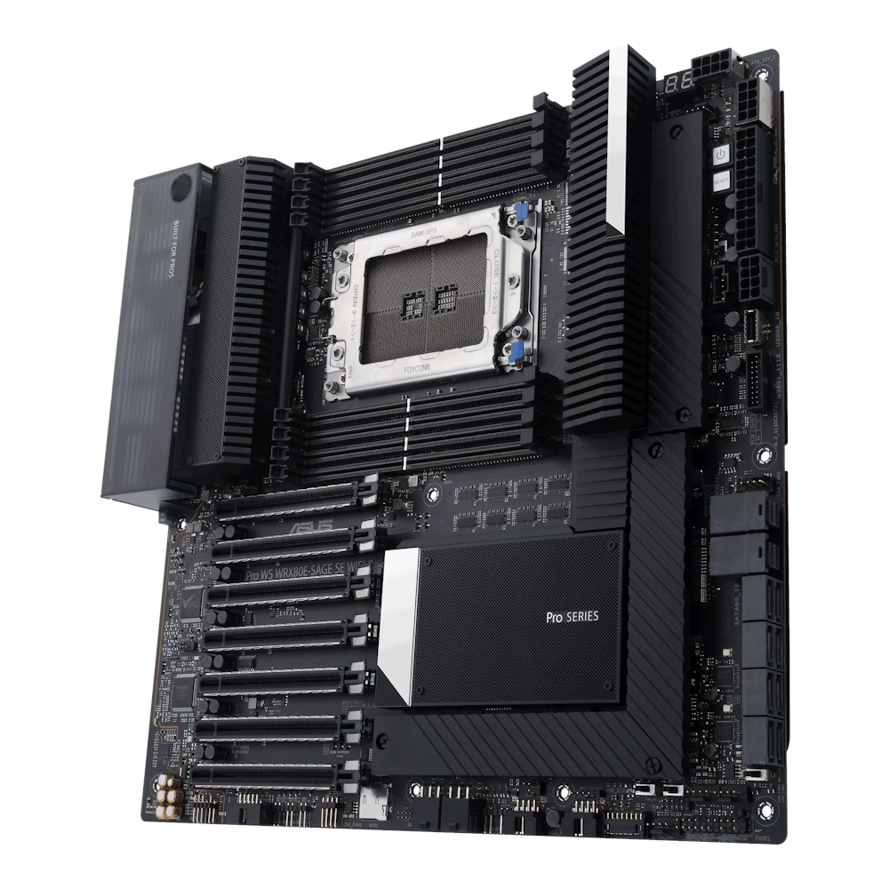 A large main feature product image of ASUS Pro WS Sage SE WiFi II WRX80 eATX Workstation Motherboard