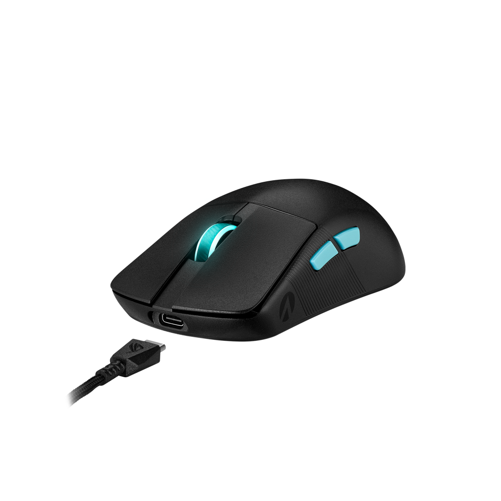 A large main feature product image of ASUS ROG Harpe Ace Wireless Gaming Mouse - Aim Lab Edition