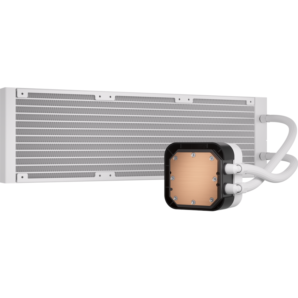 A large main feature product image of Corsair iCUE H150i ELITE LCD XT Liquid CPU Cooler - White