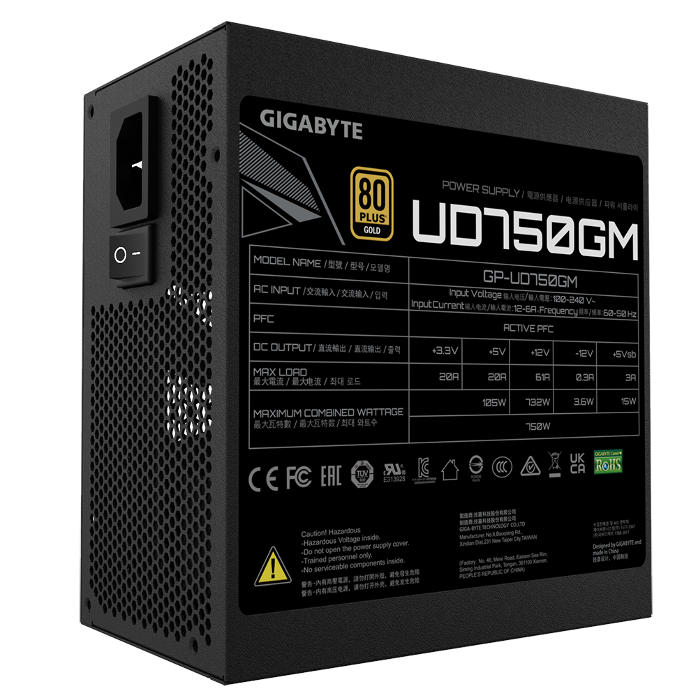 A large main feature product image of Gigabyte UD750GM 750W Gold ATX Modular PSU