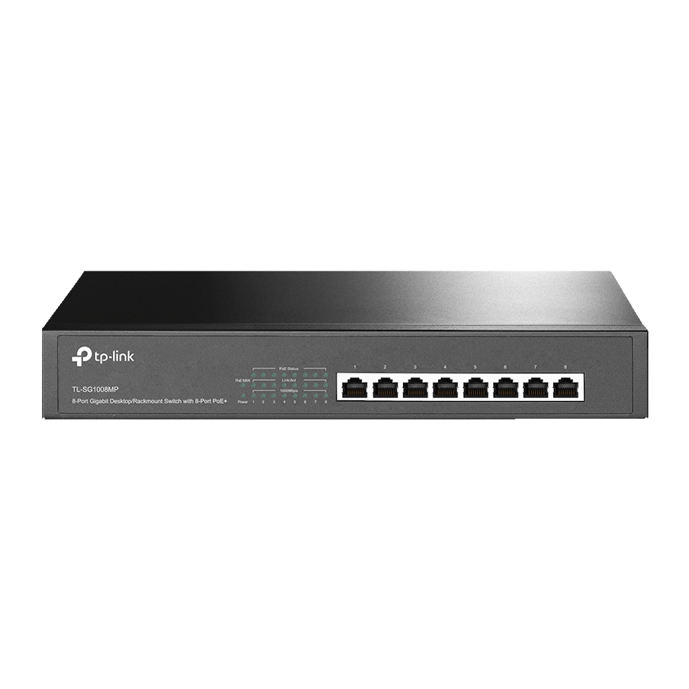 A large main feature product image of TP-Link SG1008MP - 8-Port Gigabit Desktop/Rackmount Switch with 8-Port PoE+