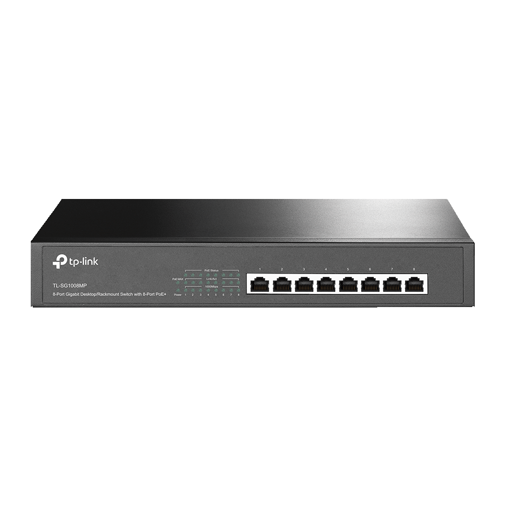 A large main feature product image of TP-Link SG1008MP - 8-Port Gigabit Desktop/Rackmount Switch with 8-Port PoE+