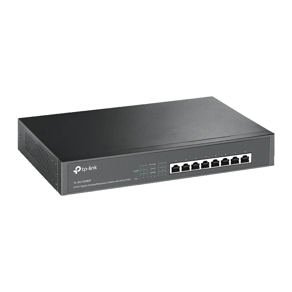 A large main feature product image of TP-Link SG1008MP - 8-Port Gigabit Desktop/Rackmount Switch with 8-Port PoE+