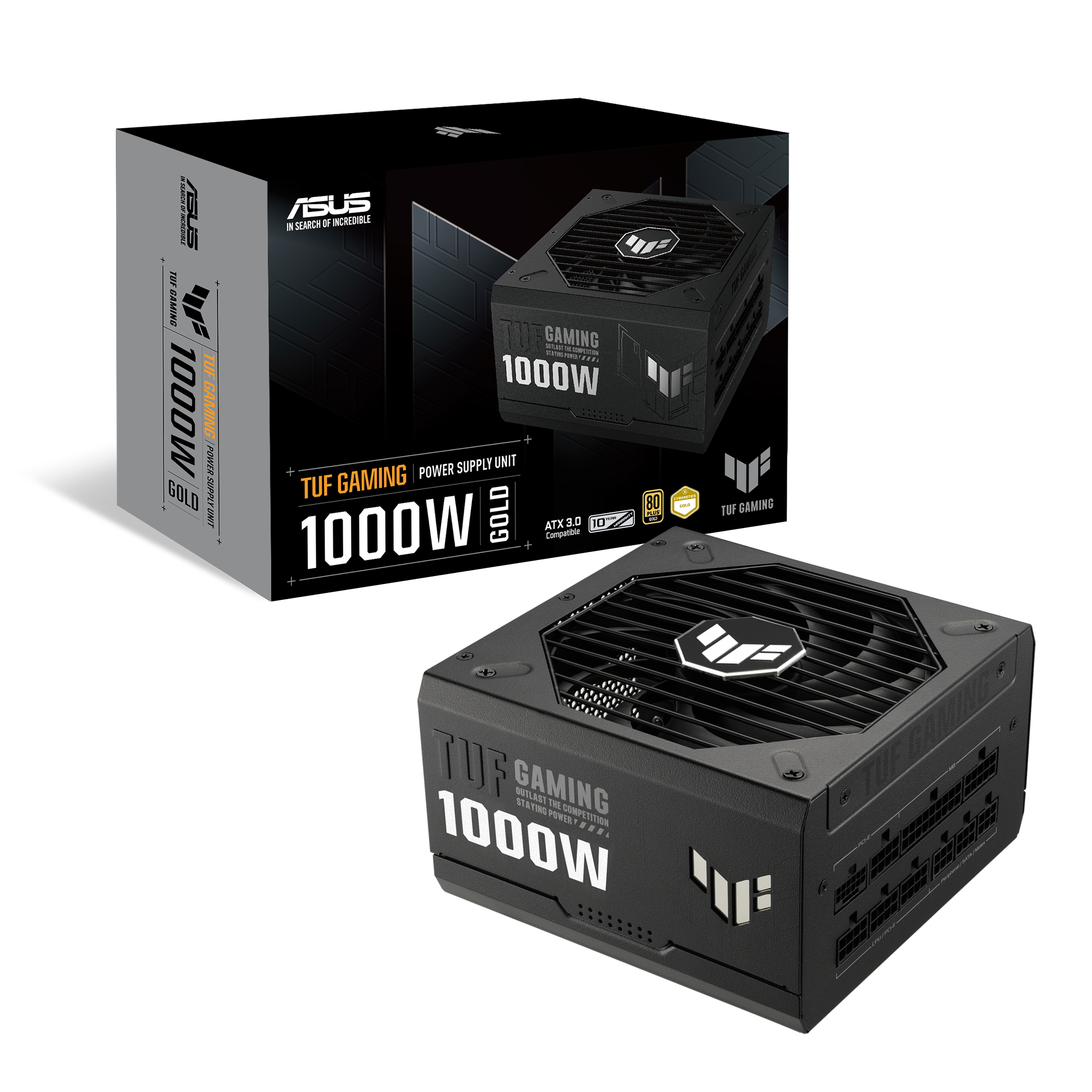 A large main feature product image of ASUS TUF Gaming 1000W Gold PCIe 5.0 ATX Modular PSU