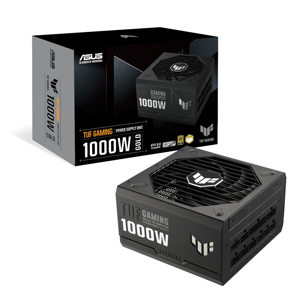 A large main feature product image of ASUS TUF Gaming 1000W Gold ATX Modular PSU