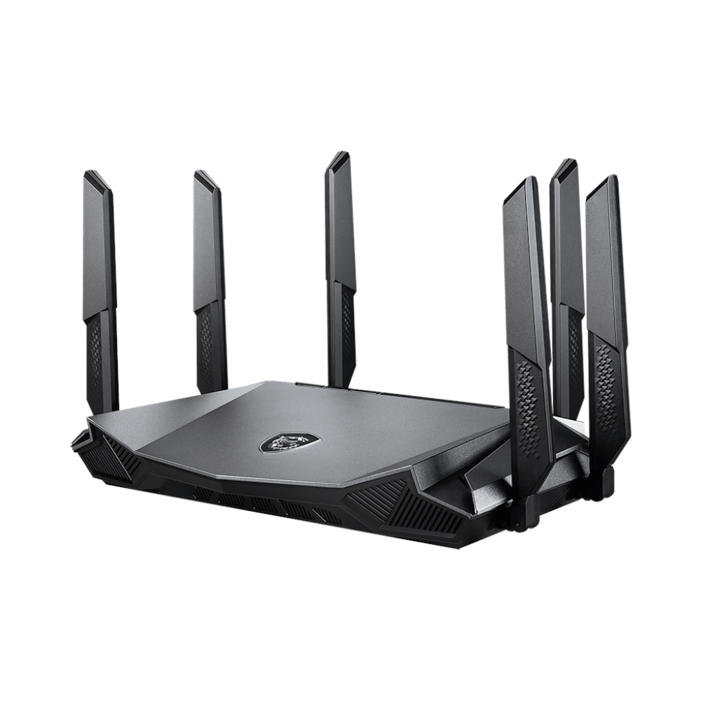 A large main feature product image of MSI RadiX AX6600 WiFi 6 Tri-Band Gaming Router