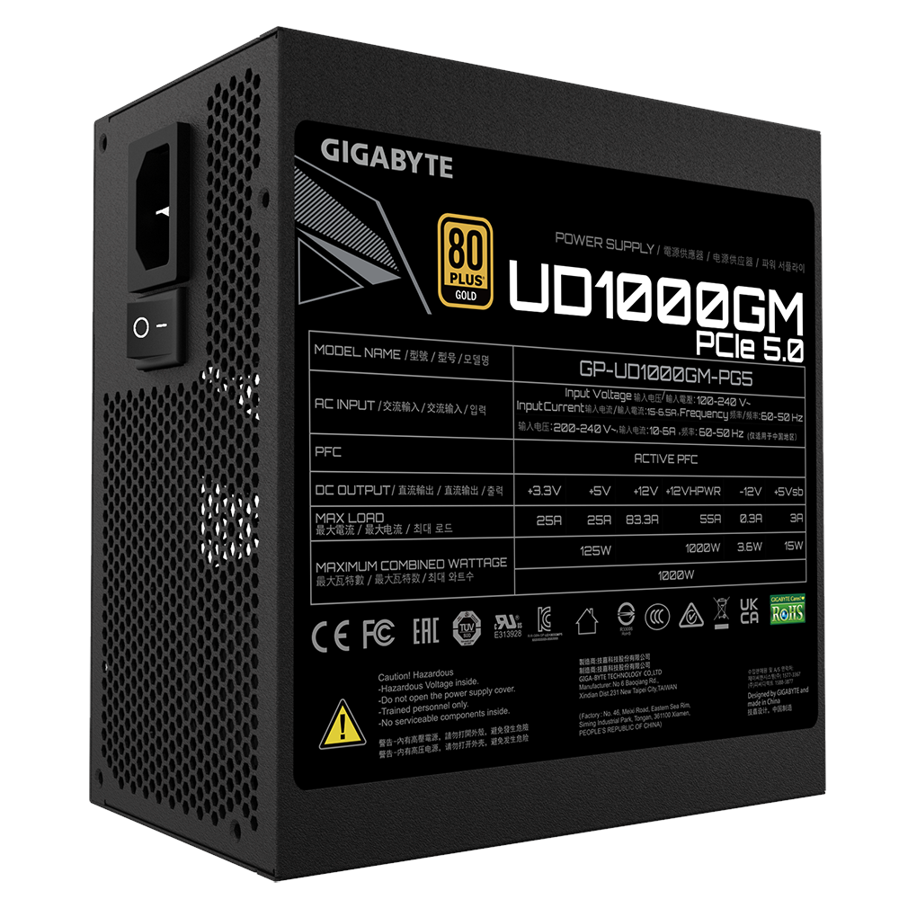 A large main feature product image of Gigabyte UD1000GM PG5 1000W Gold PCIe 5.0 ATX Modular PSU