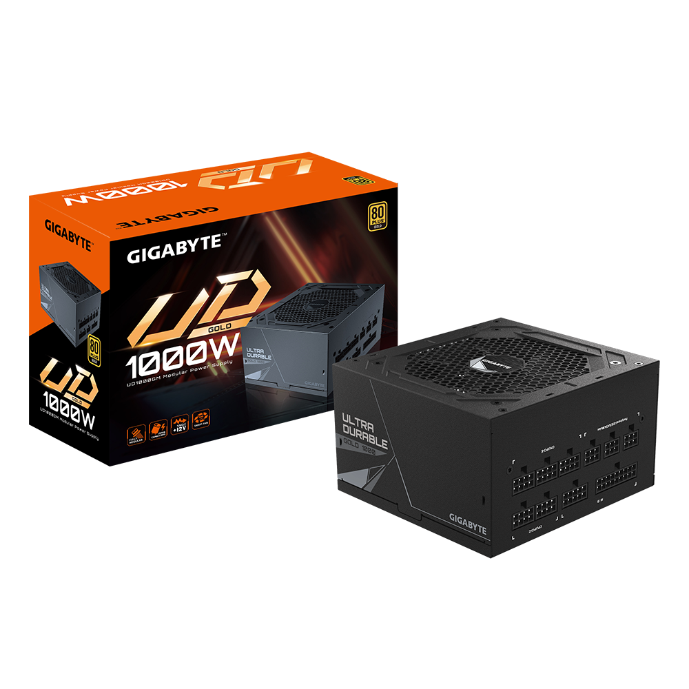 A large main feature product image of Gigabyte UD1000GM 1000W Gold ATX Modular PSU