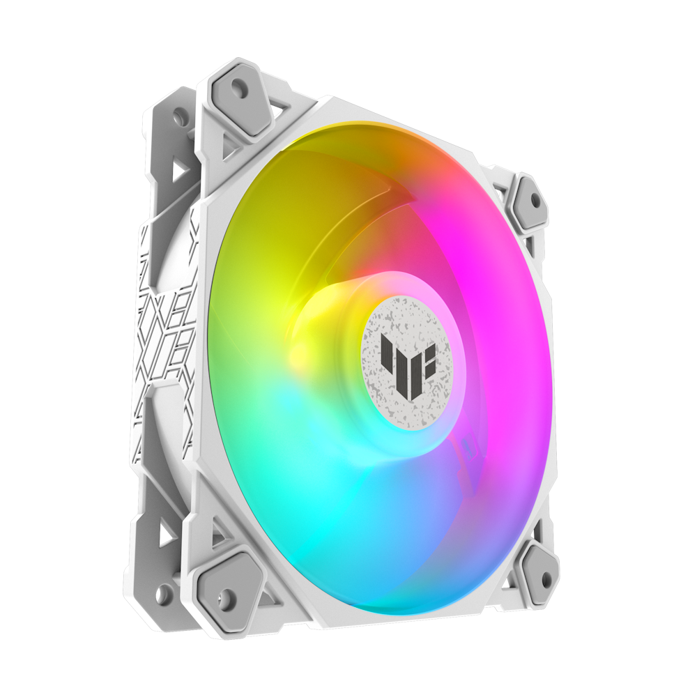 A large main feature product image of ASUS TUF Gaming TF120 ARGB 120mm White PWM Cooling Fan - Triple Pack
