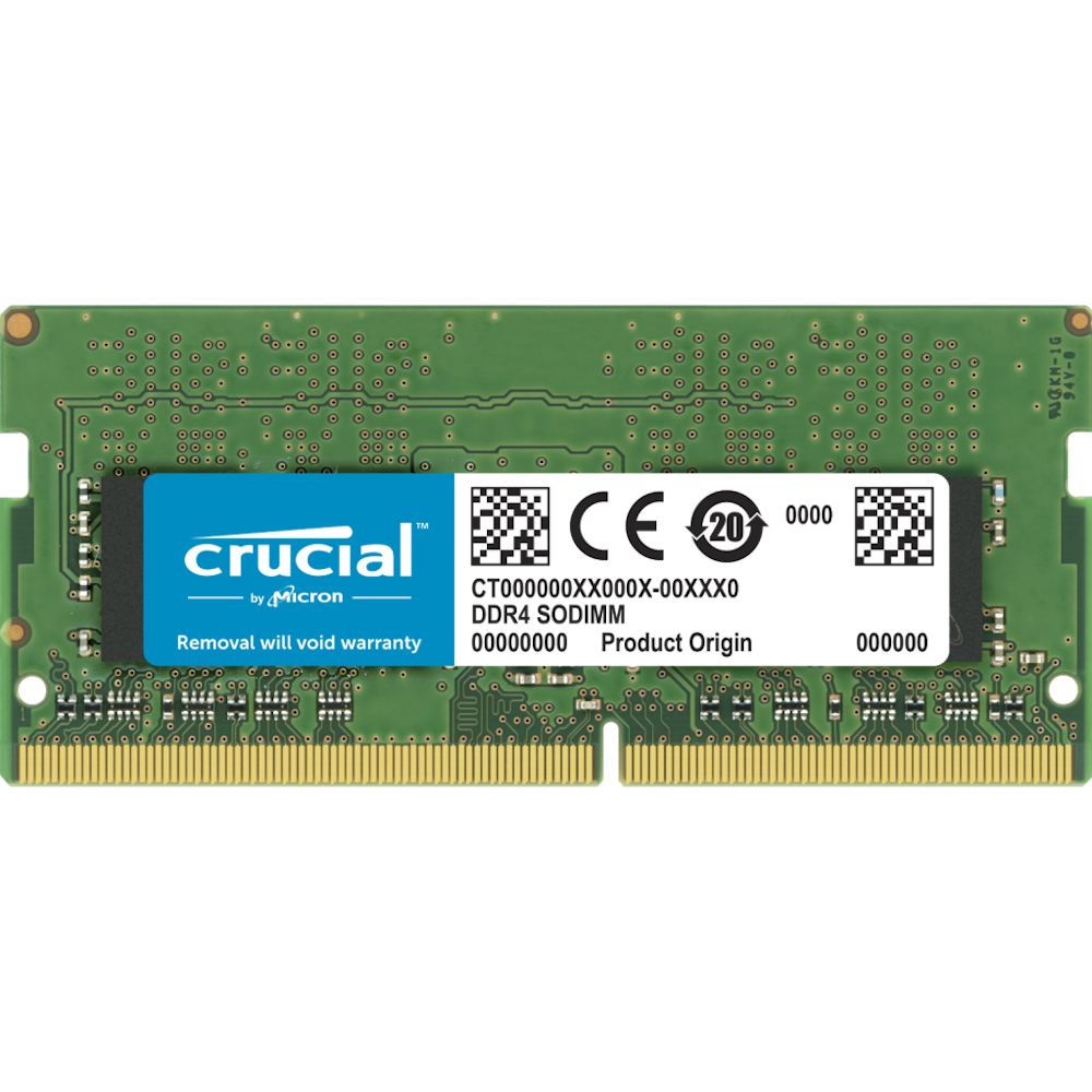 A large main feature product image of Crucial 32GB Single (1x32GB) DDR4 SO-DIMM C22 3200MHz