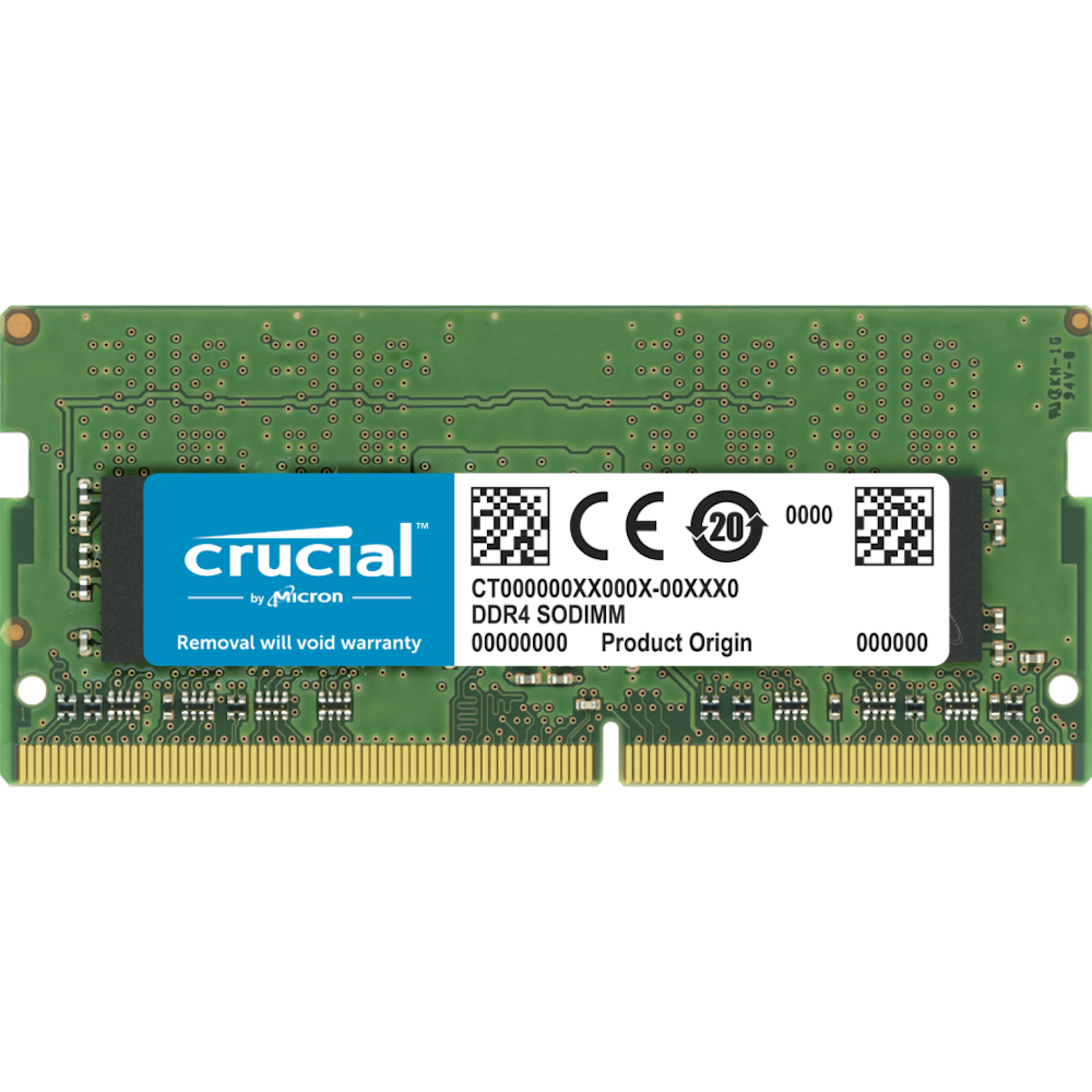 A large main feature product image of Crucial 32GB Single (1x32GB) DDR4 SO-DIMM C22 3200MHz