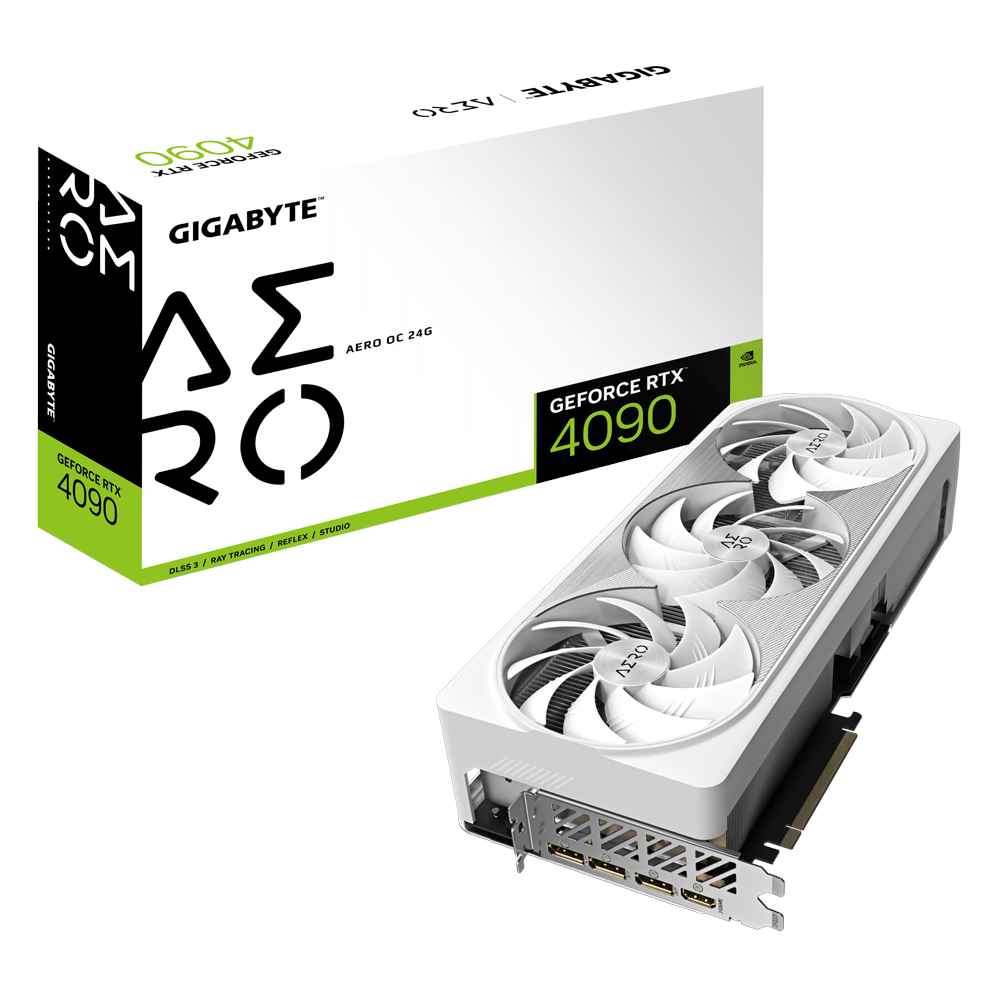 A large main feature product image of Gigabyte GeForce RTX 4090 Aero OC 24GB GDDR6X