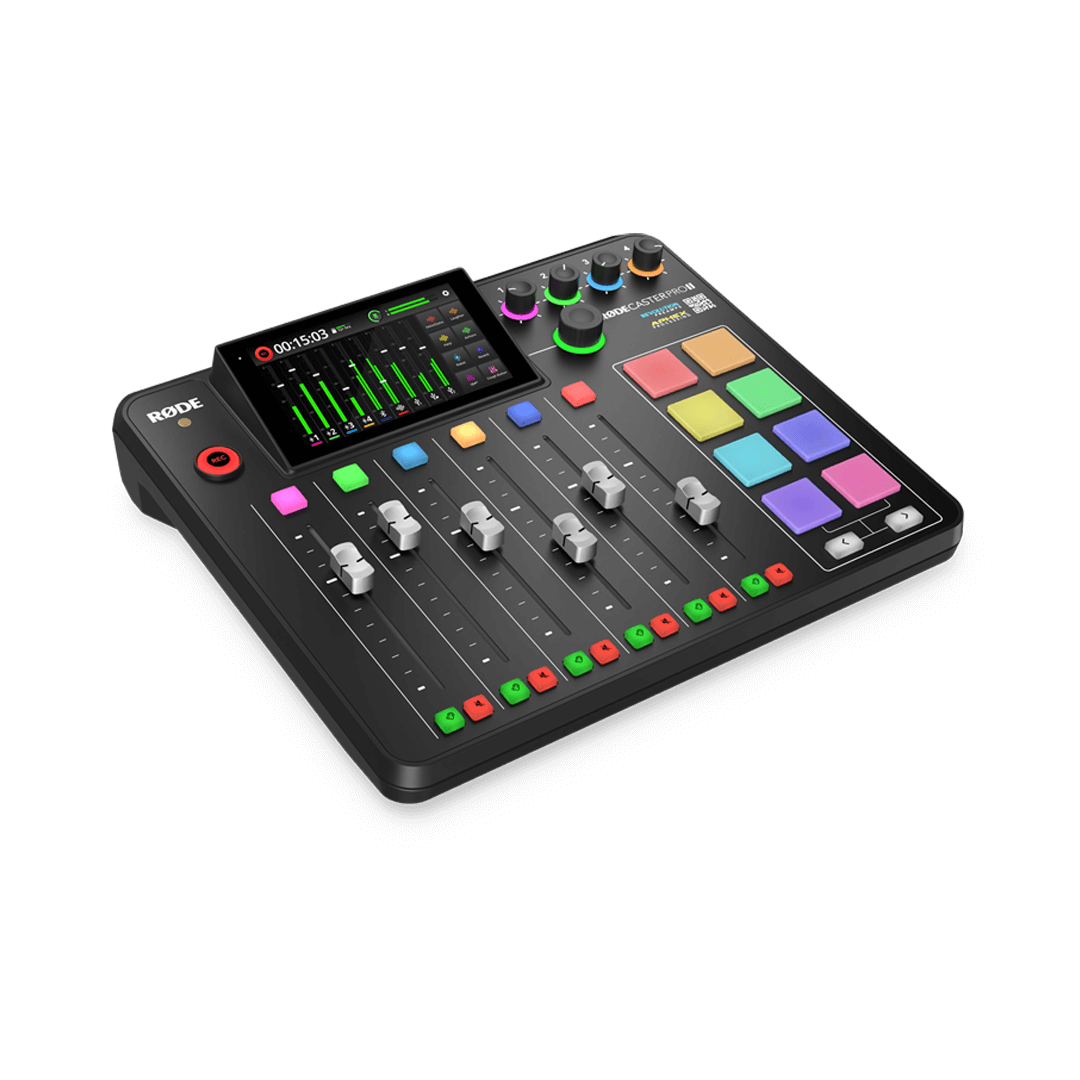 A large main feature product image of RODE RODECaster Pro II - Integrated Audio Production Studio (Black)