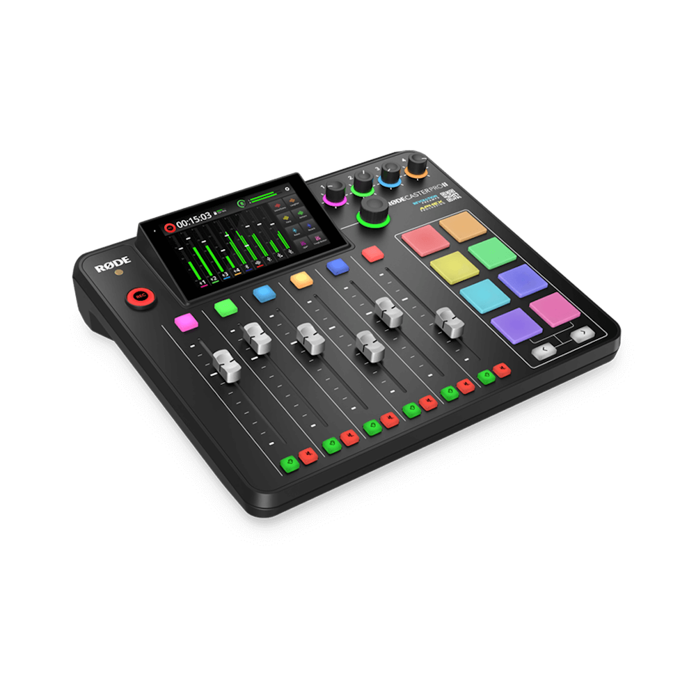 A large main feature product image of RODE RODECaster Pro II Integrated Audio Production Studio